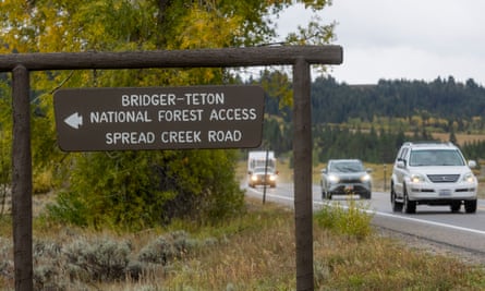 A sign leads the way to Spread Creek campground near Moran, Wyoming. Law enforcement searching the area found a body on Sunday.