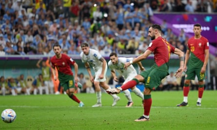 Bruno Fernandes scores Portugal’s second goal against Uruguay from the penalty spot.