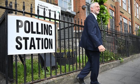 Jeremy Corbyn at a polling station for the EU elections in Holloway, London.