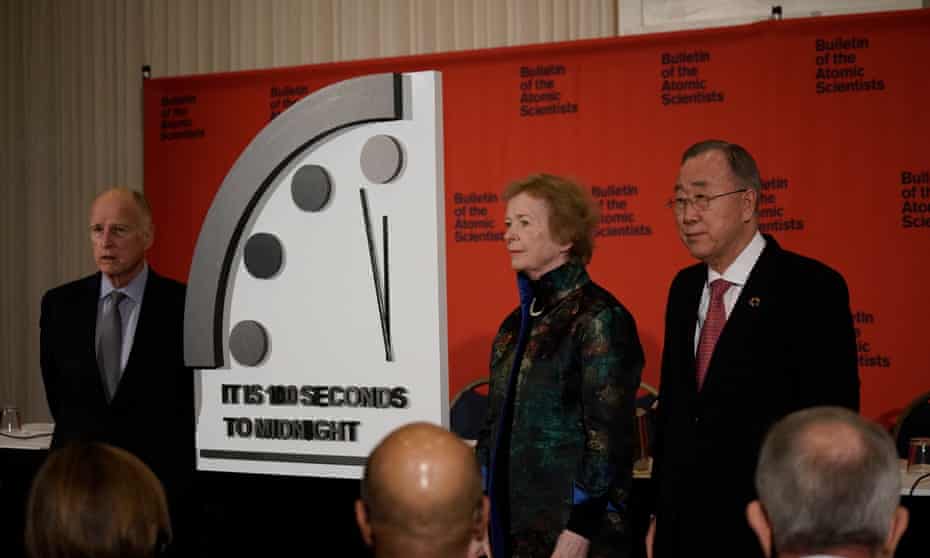 Edmund G Brown, Mary Robinson and Ban Ki-moon attend a press conference in Washington DC with The Doomsday Clock which has moved closer to midnight than it has ever been and is now just 100 seconds away from striking 12.