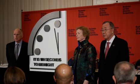 Edmund G Brown, Mary Robinson and Ban Ki-moon attend a press conference in Washington DC with The Doomsday Clock which has moved closer to midnight than it has ever been and is now just 100 seconds away from striking 12.