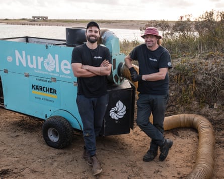 Joshua Beech and Roy Beal, of the cleanup organisation Nurdle, with their beach cleaning machine.