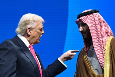 Crown Prince and Prime Minister of the Kingdom of Saudi Arabia Mohammed bin Salman and US President Donald Trump speaks at the US-Saudi Investment Forum at the John F. Kennedy Center on November 19, 2025.