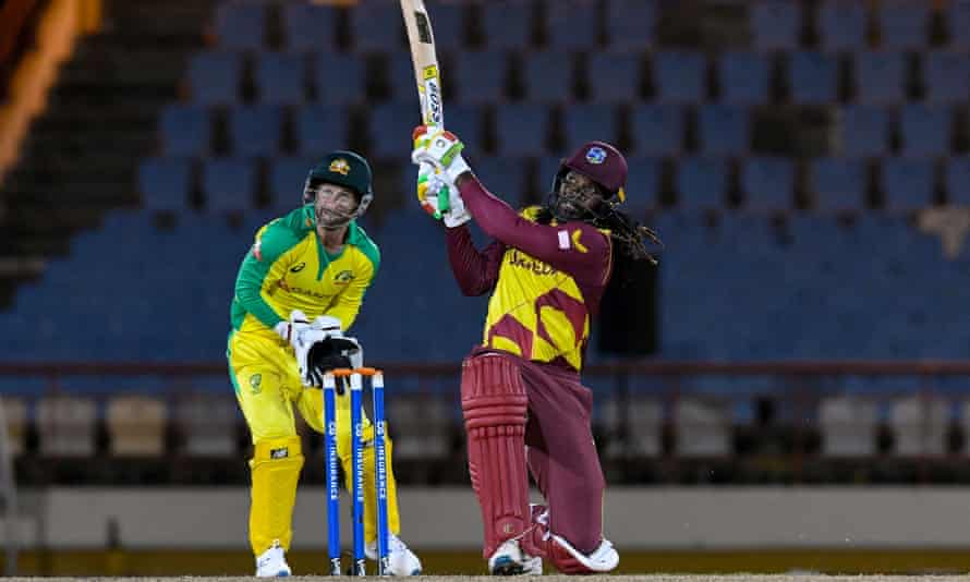 Chris Gayle hits out during his innings of 67 as the West Indies posted a third straight win over Australia in St Lucia. Photograph: Randy Brooks/AFP/Getty Images