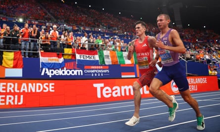Jakob Ingebrigtsen of Norway and George Mills of Great Britain compete in the men’s 3000m final.