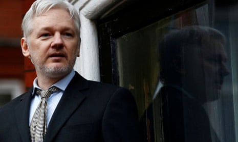 Julian Assange making a speech from the balcony of the Ecuadorian embassy in London in 2016.