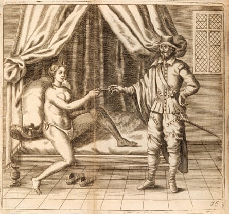 Illustration shows an aristocrat reaching out to a woman in bed who is only wearing a chastity belt