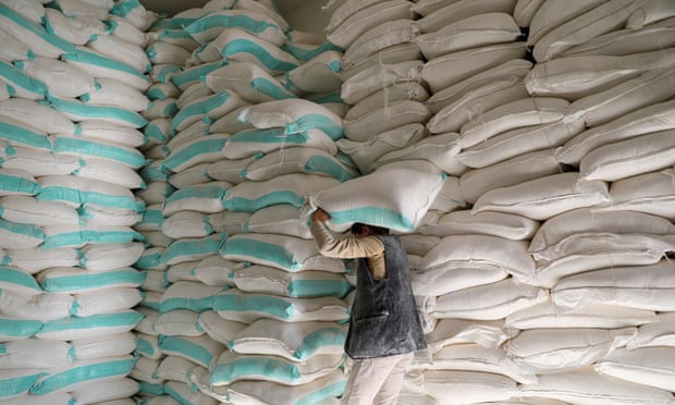 Sacks of wheat flour at a World Food Programme distribution centre in Sanaa, Yemen.