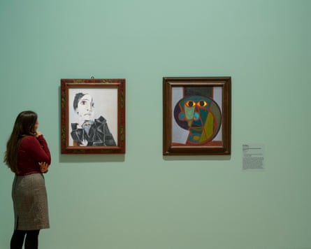 Pablo Picasso’s Dora Maar with green fingernails (1936), next to Dora Maar’s Portrait of Pablo Picasso (1938) at the National Gallery of Australia.