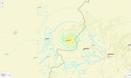 Screenshot showing the impact area of the Afghanistan earthquake near the Pakistan border.