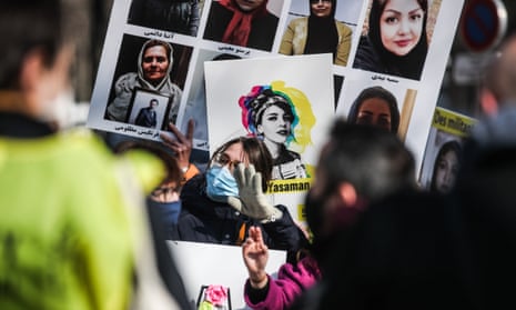 A protest for Iranian human rights activist Yasaman Aryani on International Women’s Day in Paris in March 2021.
