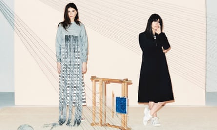 ‘It’s a new way of buying’: Faustine Steinmetz (right) with a model wearing a handwoven weft float crop sweater and hole polo dress.