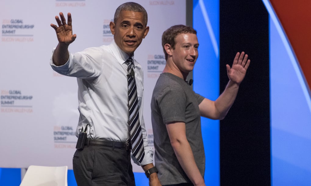 Barack Obama and Mark Zuckerberg at an event for tech entrepreneurs at Stanford University, June 2016.