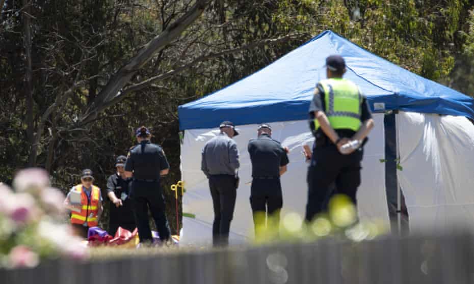 Worksafe Tasmania officers and police inspect the jumping castle at Hillcrest Primary School in Devonport, Australia. Four children died and several more suffered serious injuries in north-west Tasmania after falling about 10 metres when the bouncy castle was blown into the air.