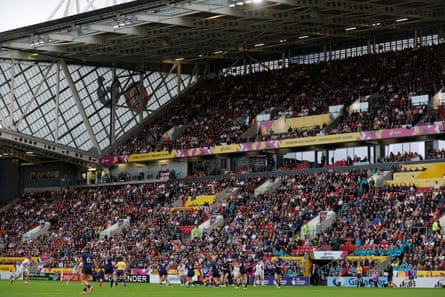 An almost full stadium watching the first half of the Women’s Rugby World Cup 2025 quarter-final between England and Scotland at Ashton Gate.