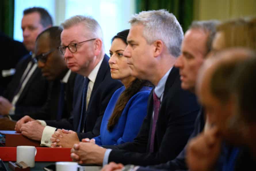 (Left-right): Leader of Commons Mark Spencer, business secretary Kwasi Kwarteng, levelling up secretary Michael Gove, home secretary Priti Patel, chancellor of the duchy of Lancaster Steve Barclay and deputy PM Dominic Raab listening to Boris Johnson at cabinet today.