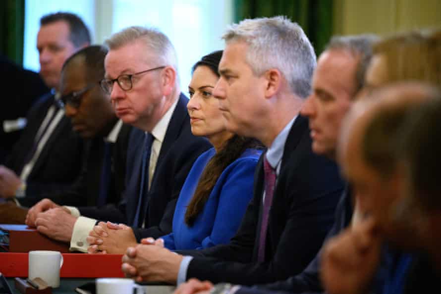 Boris Johnson’s no-confidence vote: PM tells cabinet to ‘draw a line’ under Partygate after narrowly surviving bruising ballot – live | Politics 4 (Left-right): Leader of Commons Mark Spencer, business secretary Kwasi Kwarteng, levelling up secretary Michael Gove, home secretary Priti Patel, chancellor of the duchy of Lancaster Steve Barclay and deputy PM Dominic Raab listening to Boris Johnson at cabinet today.