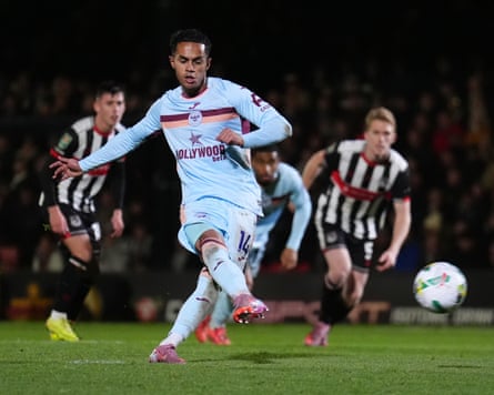 Fabio Carvalho scores Brentford’s fourth goal at Blundell Park