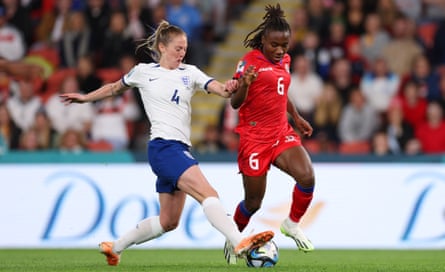Keira Walsh takes on Haiti’s Melchie Dumornay in England’s Group D opener