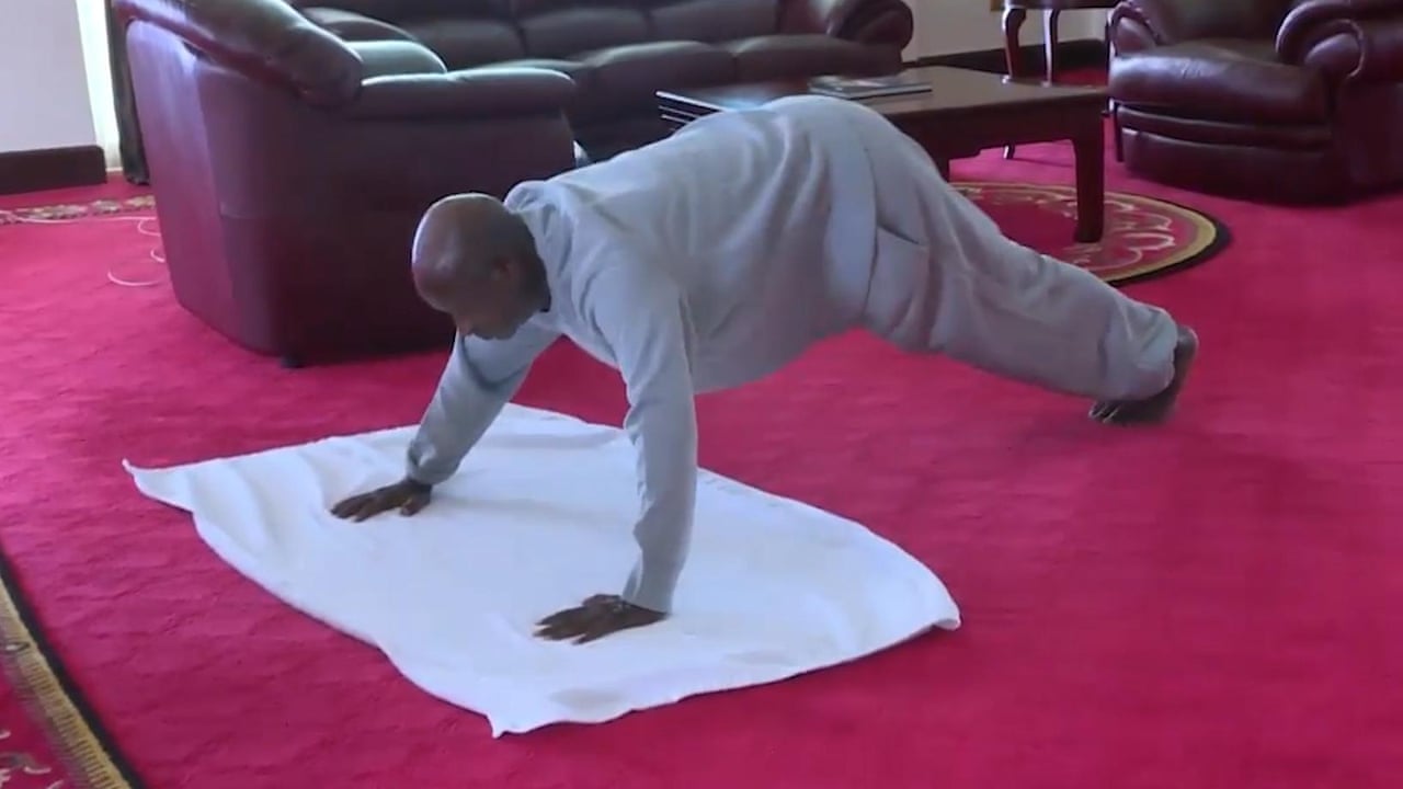 Ugandan president records home workout encouraging citizens to exercise indoors – video | World news | The Guardian