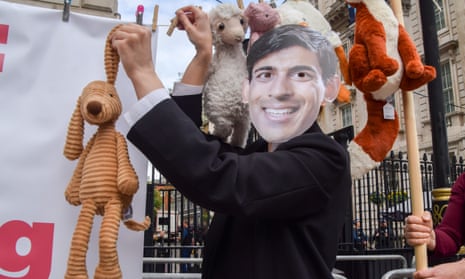 An animal rights activist wearing a Rishi Sunak mask hangs stuffed toys outside Downing Street.