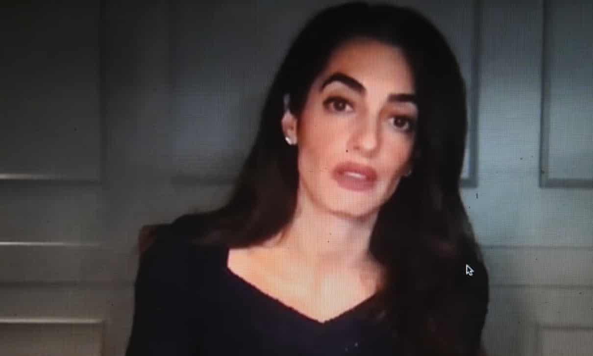 Human rights lawyer Amal Clooney gives evidence video link to a Senate inquiry into a Magnitsky act on Friday.