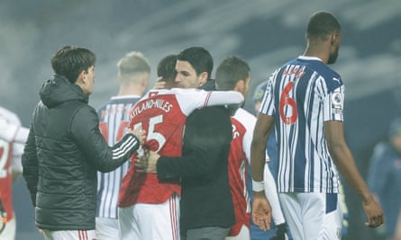 Mikel Arteta hugs Ainsley Maitland-Niles after Arsenal’s 4-0 win at the Hawthorns in January