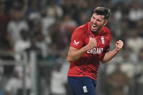 Jamie Overton celebrates after taking the wicket of West Indies' Shimron Hetmyer