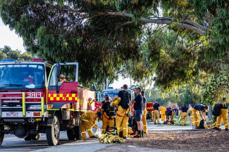Firefighters in Seymour before departure to the Longwood bushfire staging area