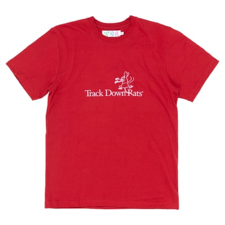 A red short-sleeved T-shirt with a central illustration of a rat and the words “Track Down Rats” in white.