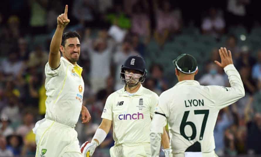 Australia’s Mitchell Starc celebrates taking the wicket of England’s Rory Burns.