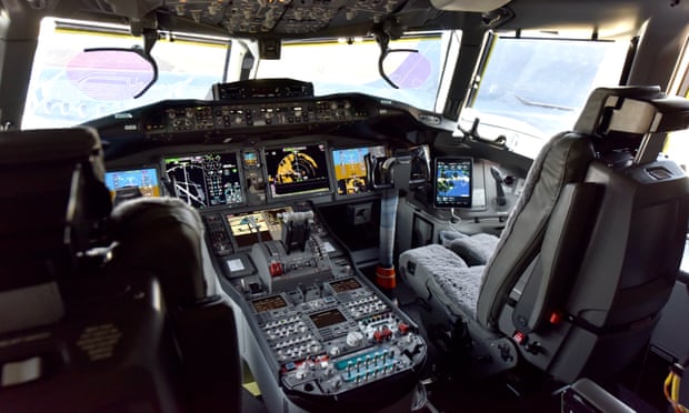 Cockpit of a Boeing 777X on display at the Farnborough airshow