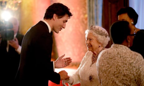 Queen Elizabeth greets Canadian prime minister Justin Trudeau at Buckingham Palace in 2018.