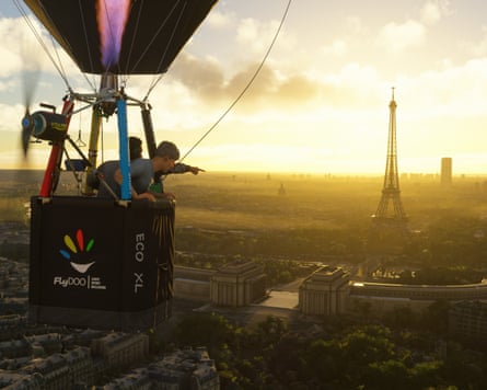 Two characters in a hot air balloon basket point toward the Eiffel Tower at sunset.