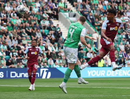 Ollie Watkins of Aston Villa scores the opening goal, and the first of his hat-trick, during the UEFA Conference League Qualifying Play-Offs First Leg between Hibernian v Aston Villa at Easter Road.