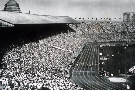 An aerial view of the 100m final at Wembley in 1948