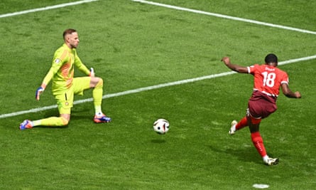 Kwadwo Duah scores for Switzerland against Hungary.