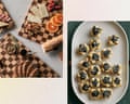 side by side images of checkered cutting board and puff pastries on oval platter