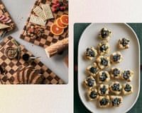 side by side images of checkered cutting board and puff pastries on oval platter