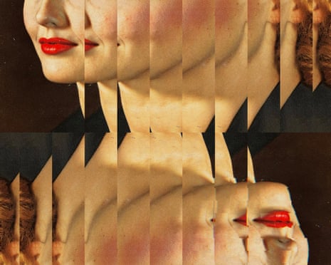 An illustration of the lower half of a woman's face being reflected in a mirror that is split into various sections.