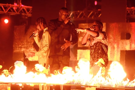 Stormzy, centre, and Krept & Konan on stage at the Mobo awards in Leeds, 2017. King took the awards to venues outside London.