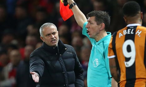 José Mourinho, the Manchester United manager, complains to one of the assistant referees during his side’s 0-0 draw with Hull City at Old Trafford
