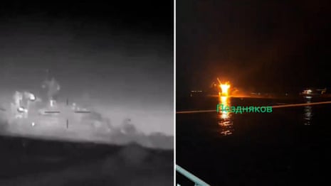 Ukraine releases footage appearing to show sinking of Russian warship near occupied Crimea – video
