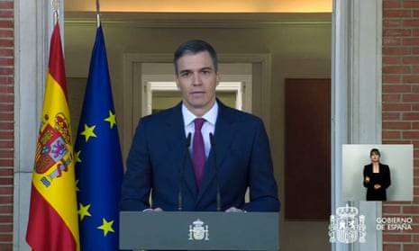A handout photo made available by Moncloa Palace shows Spain’s Prime Minister Pedro Sanchez giving a statement to the press to communicate his decision of not resigning from his post.