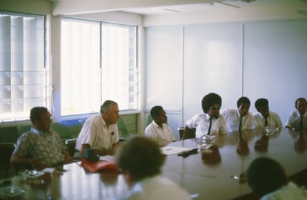 Photographic slide from the 1971 ALP Delegation to Papua New Guinea. The slide shows Gough Whitlam and Tom Burns at a neeting with PNG locals. The Hon Hough Whitlam QC, Leader of the Opposition was accompanied by Mick Young, Tom Burns, Clyde Cameron and Bill Morrison, who became Minister for External Territories 1973 – 1975 in the Whitlam Government and oversaw the Independence of Papua New Guinea in September 1975.