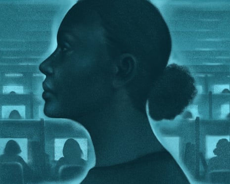 An illustration showing a young woman of African appearance in profile with a silhouettes of people in front of computer screens in the background