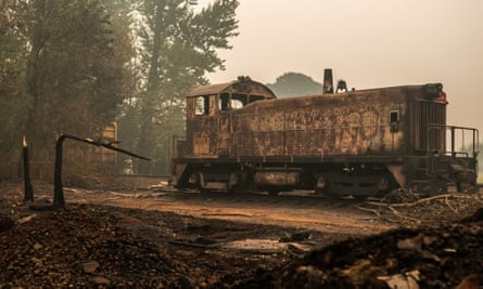 A burned railcar sits abandoned in a lumber yard on Thursday in Sandy, Oregon.