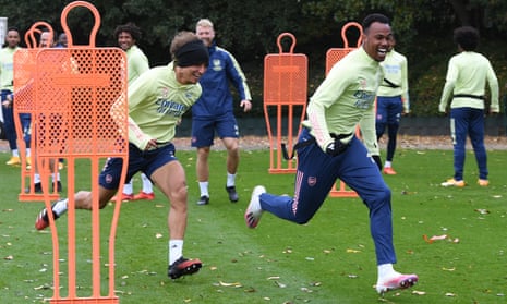 David Luiz and Gabriel during Arsenal training on Sunday.