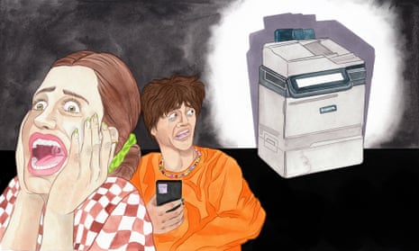 illustration shows young people looking very scared of a copy machine