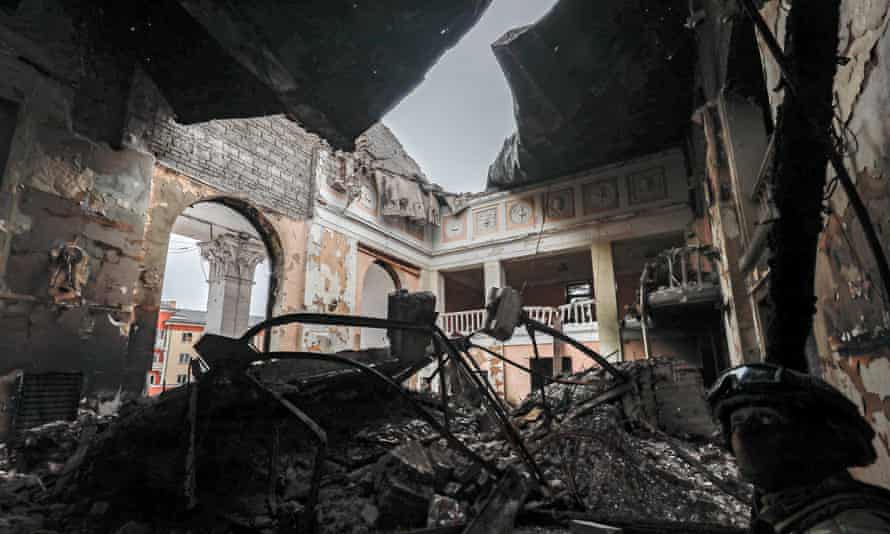 The destroyed Drama Theatre in Mariupol, Ukraine.